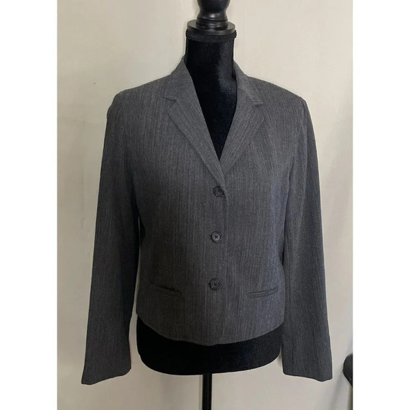 Lauren Ralph Lauren Grey Stripe Wool Blend Blazer Women‎ 12P 3 Buttons Business - Picture 1 of 7